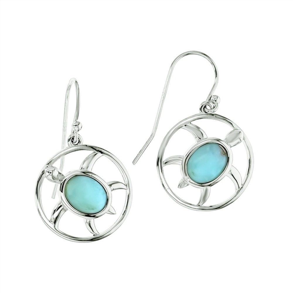 925 Sterling Silver Larimar Turtle in Open Circle Earrings French Wire 4.1 gm